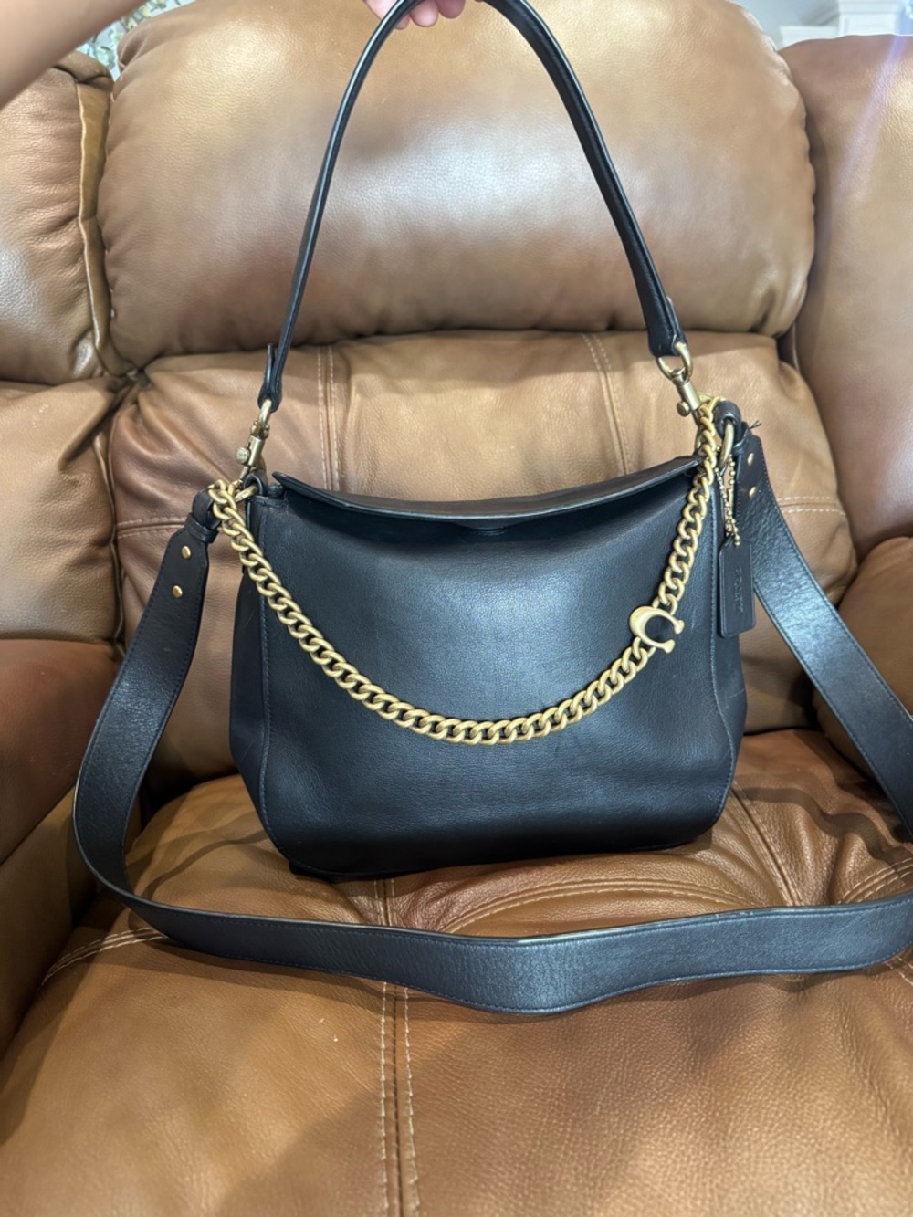 Black Leather Coach chain hobo Shoulder Bag with Gold Chain Detail